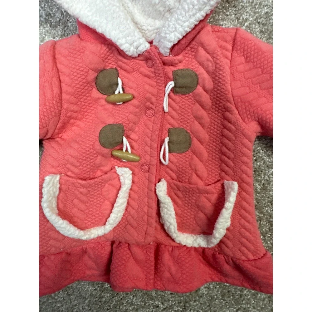Little Lass Baby Girls Coral Pink Quilted Cable Knit Sherpa Hooded Jacket 3-6M
